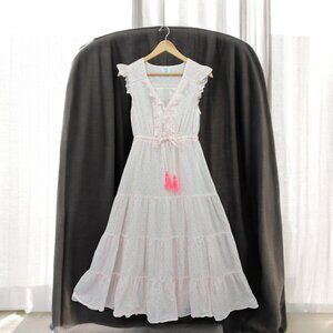 Mer St. Barth Giselle Maxi Dress White Neon Pink Orange Embroidered Swiss Dot S